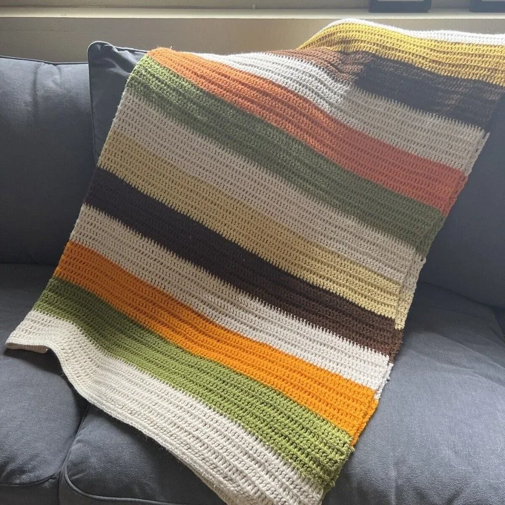 Vintage Retro Crochet‎ Striped Afghan Blanket White Orange Green Yellow Brown